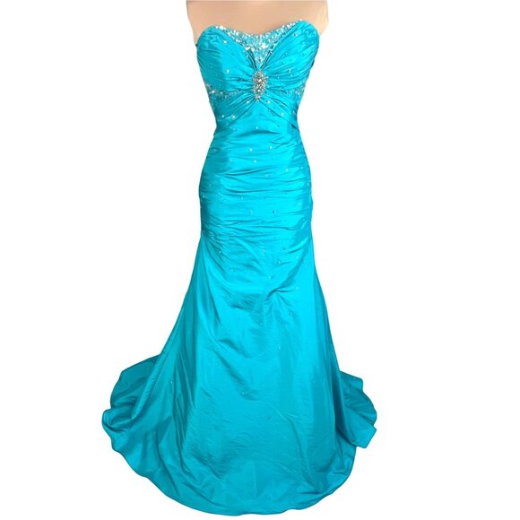 Mori Lee Strapless Ball Gown 3/4 Blue Sweetheart Neckline Sparkly Mermaid Corset - Picture 2 of 15